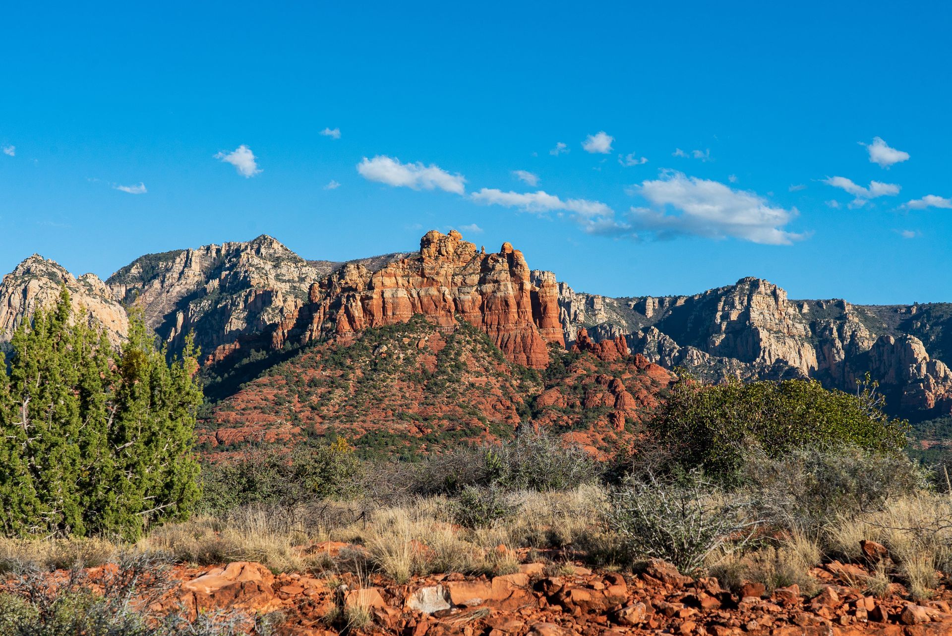 Red rock mountains under a blue sky, with some green vegetation in the foreground.