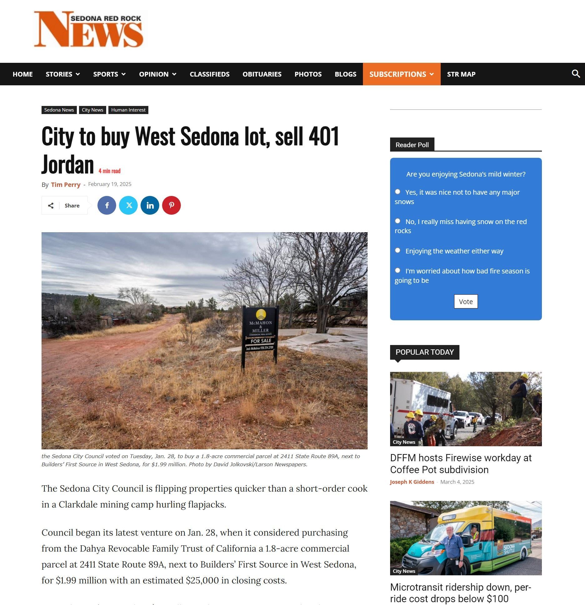 Article about the City of Sedona buying a lot, featuring a sign on a dirt lot.
