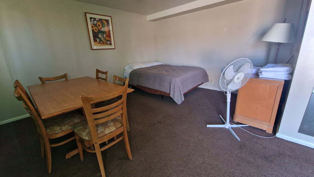A room with a table , chairs , a fan and a bed.