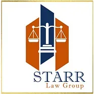 Starr Law Group logo with scales of justice and blue-orange courthouse emblem