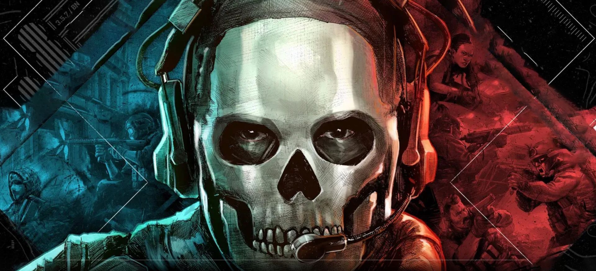 Close-up of a skull-faced character from Call of Duty, wearing a headset, with a blue and red background.