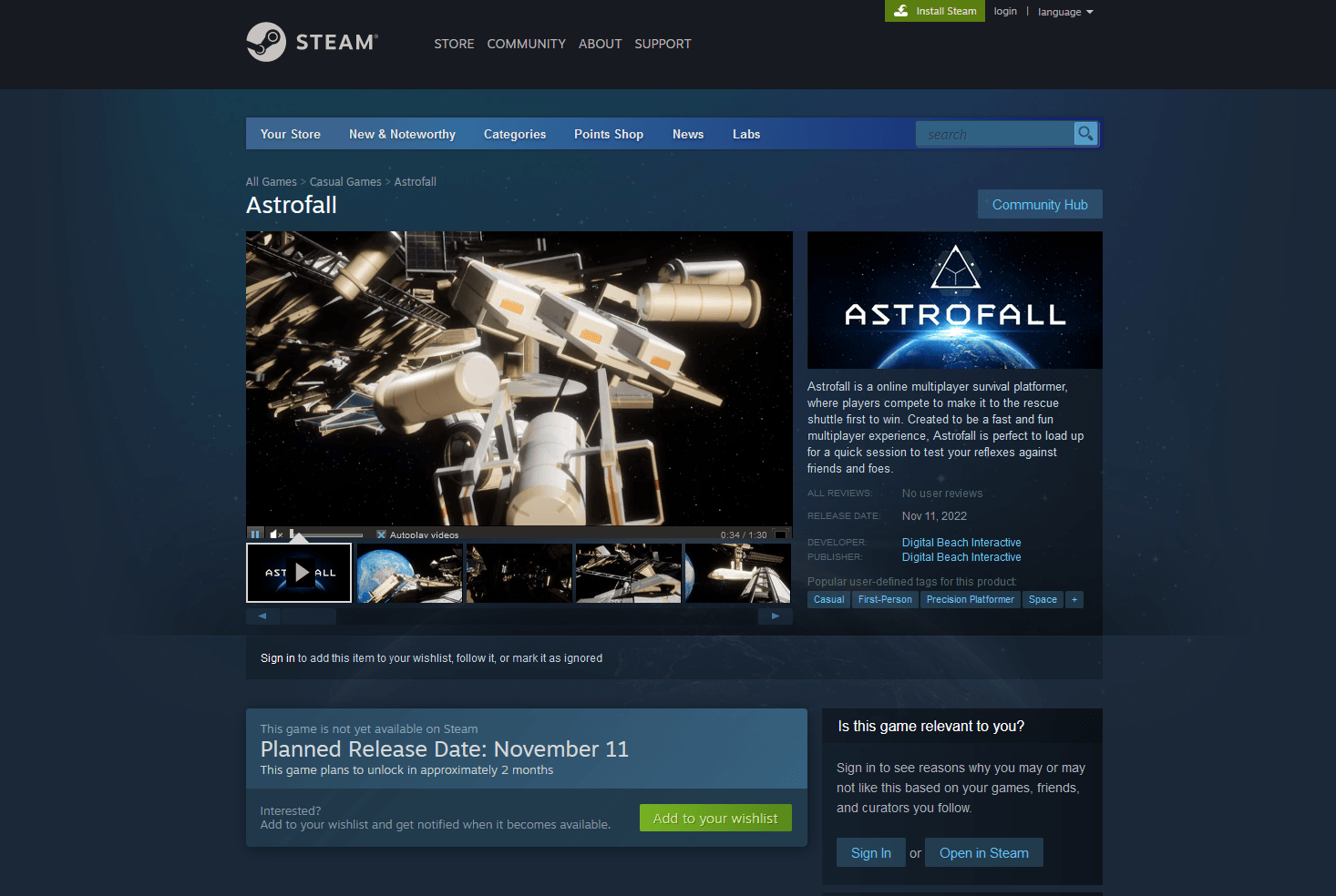 Steam game page for Astrofall, featuring a space station, game logo, and promotional information.