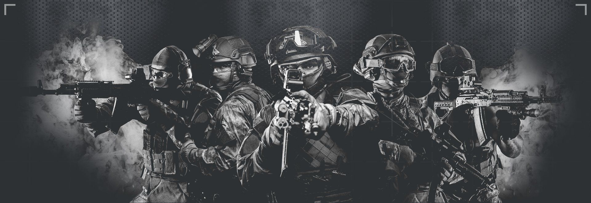Group of soldiers in tactical gear, aiming weapons in a dark, smokey environment.