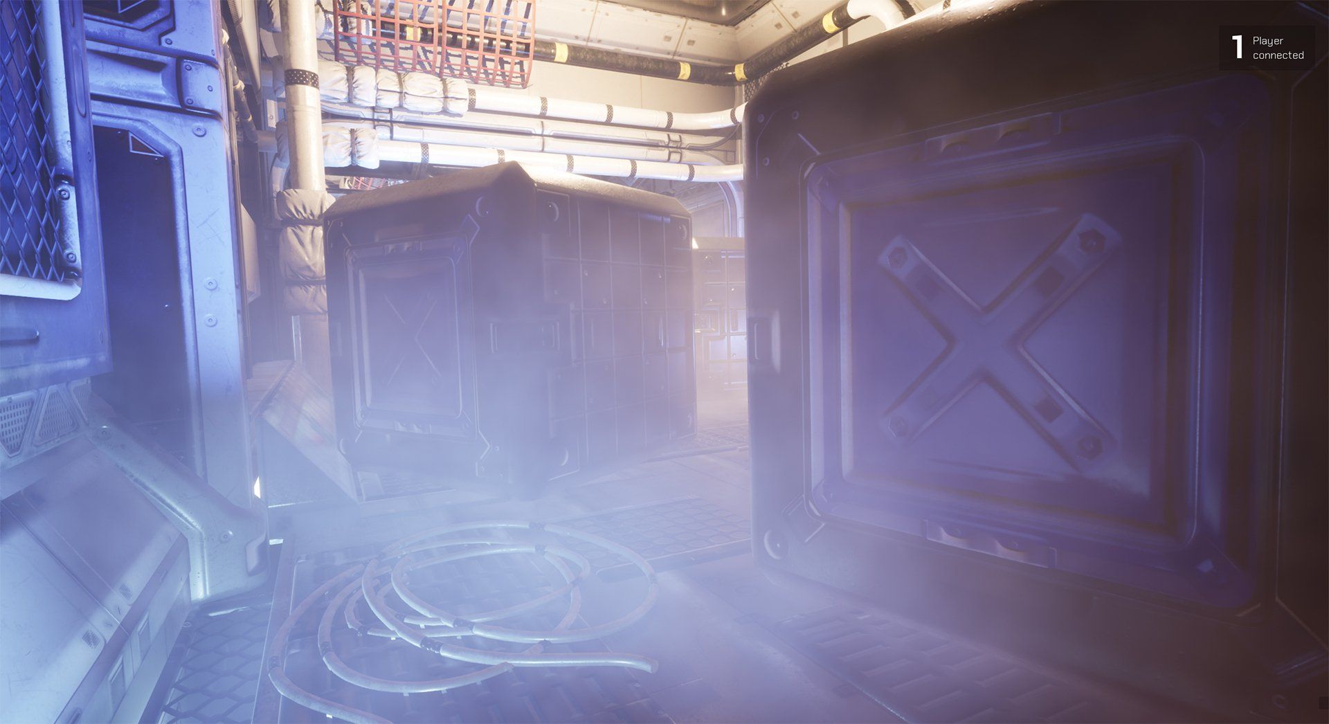 A sci-fi hallway with metallic crates, wires, and atmospheric fog, lit by cool blue and white light.