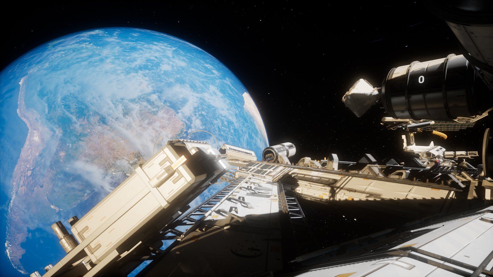 Earth seen from space with a fragmented space station, lit by sunlight. Dark space with stars visible.