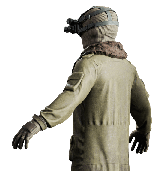 Person in tactical gear, wearing night vision goggles, facing away, with a light green jacket.