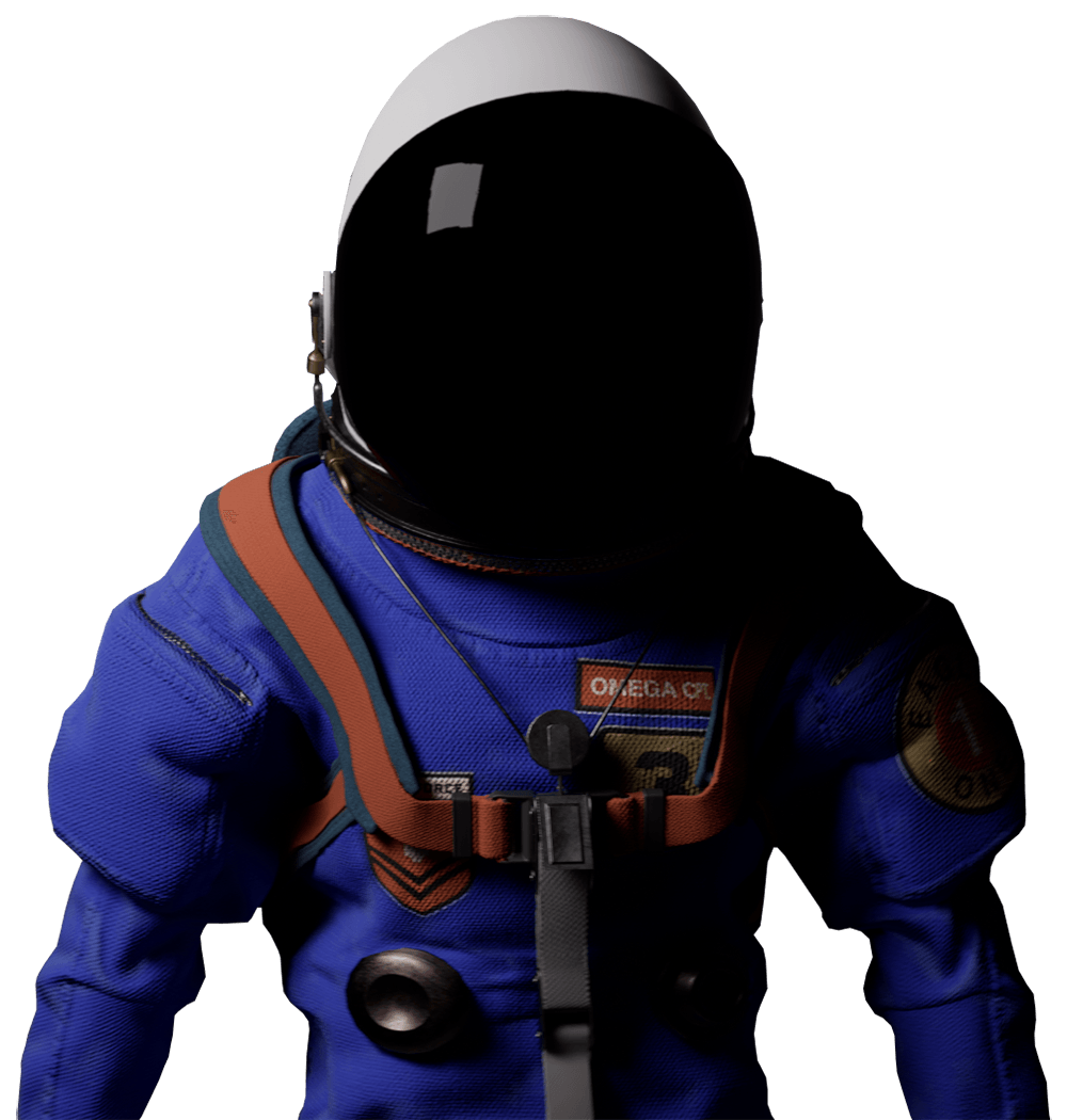 Astronaut in blue suit and black visor helmet; white helmet top; red and brown harness.