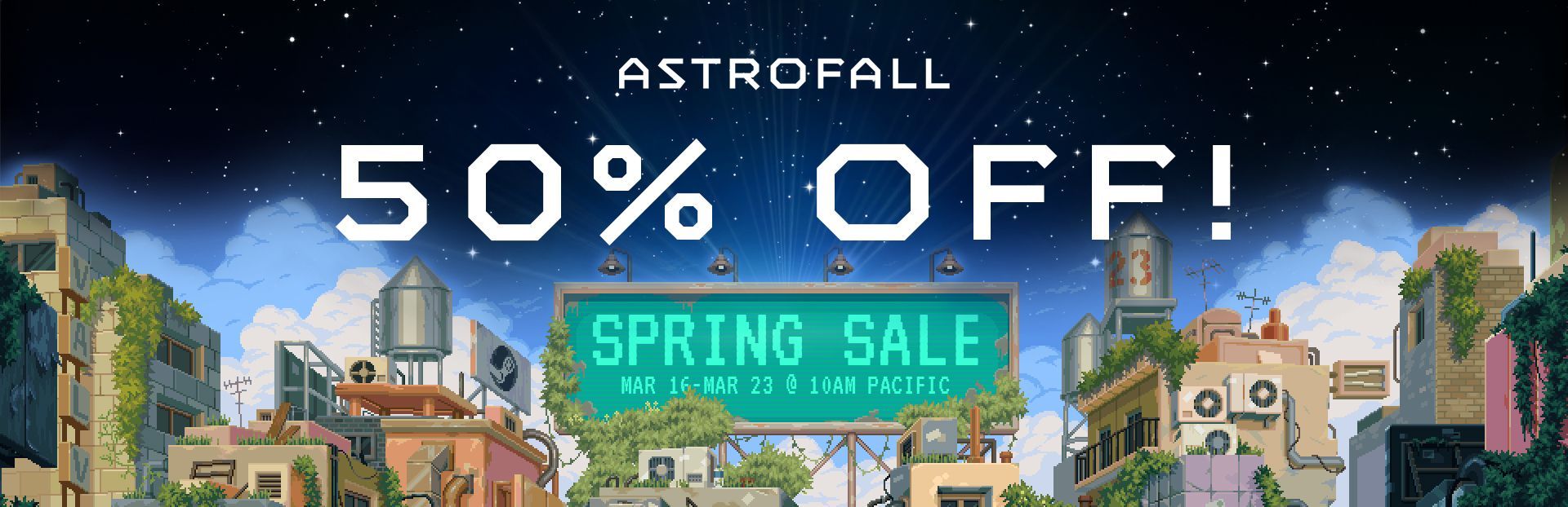Astrofall game banner. Pixelated buildings, night sky with 