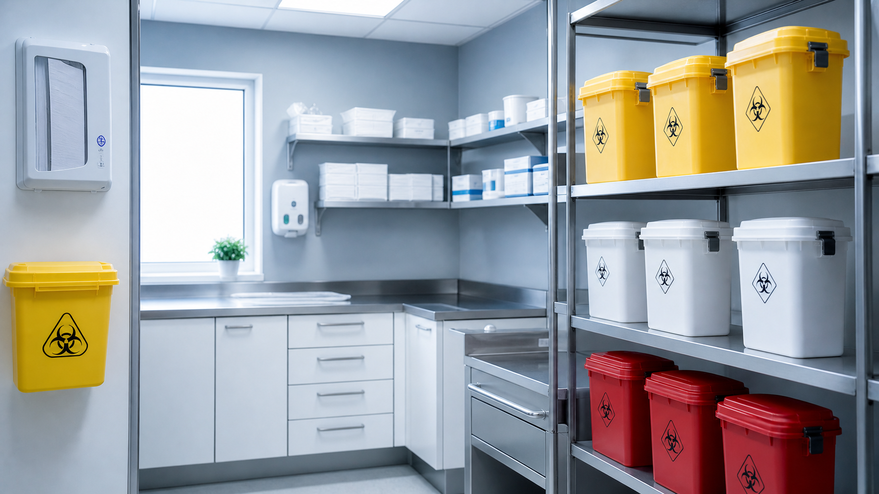 Yellow sharps containers, white pharmaceutical bins, and red biohazard bins in a storage room.