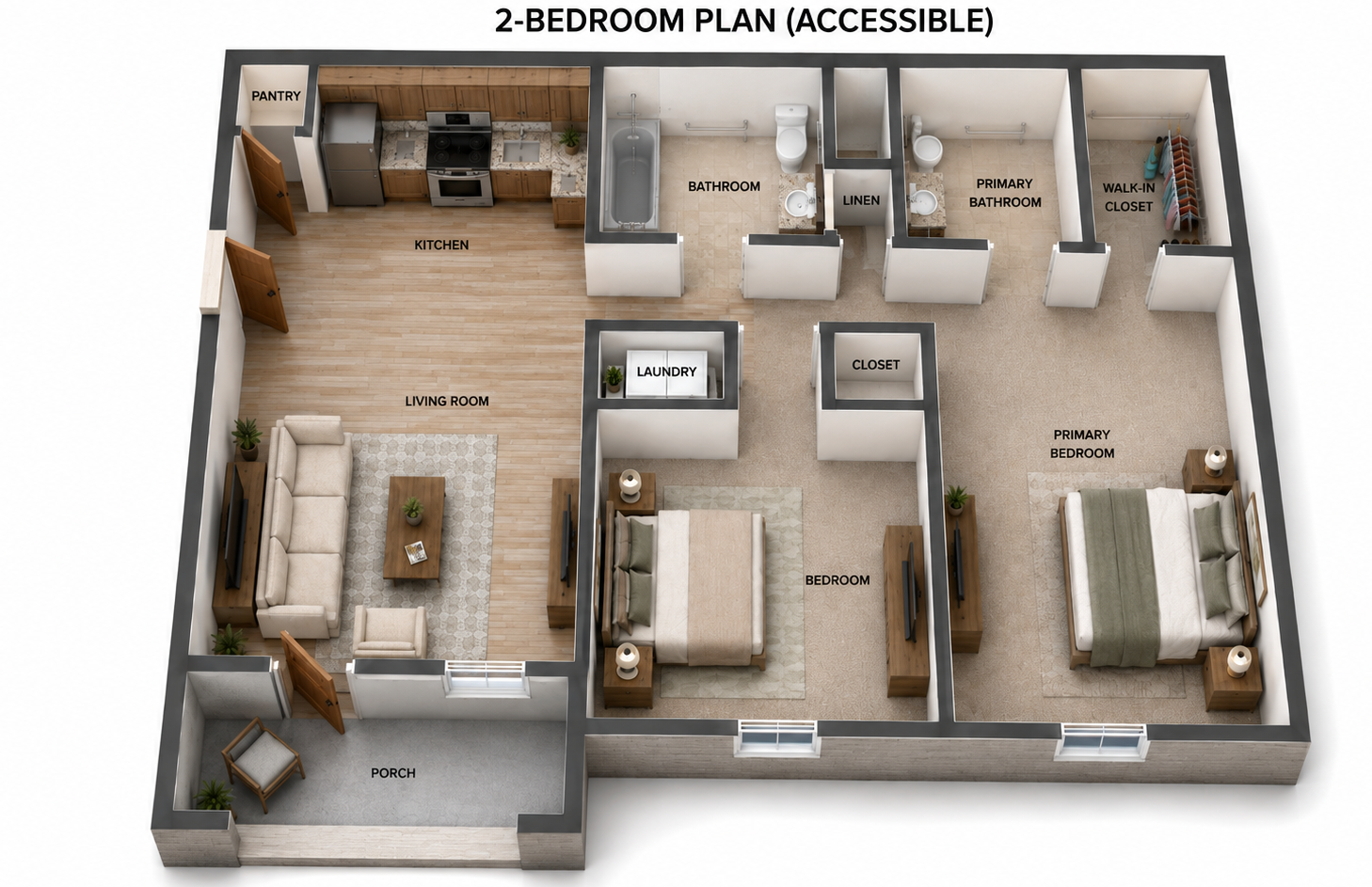 Accessible 2-bedroom apartment floor plan with living room, kitchen, bathroom, and two bedrooms