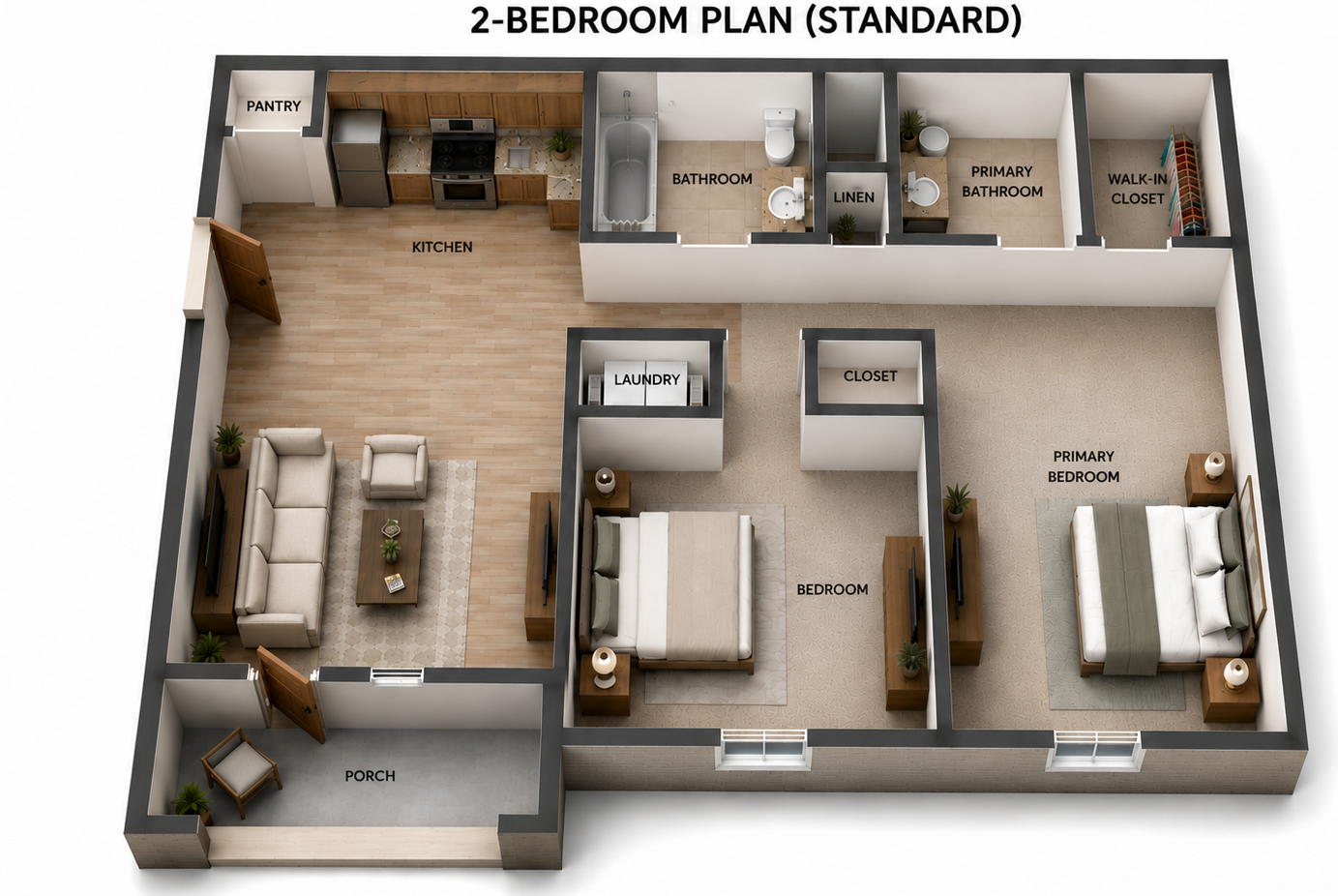 2-bedroom apartment floor plan with living room, kitchen, bath, and two furnished bedrooms