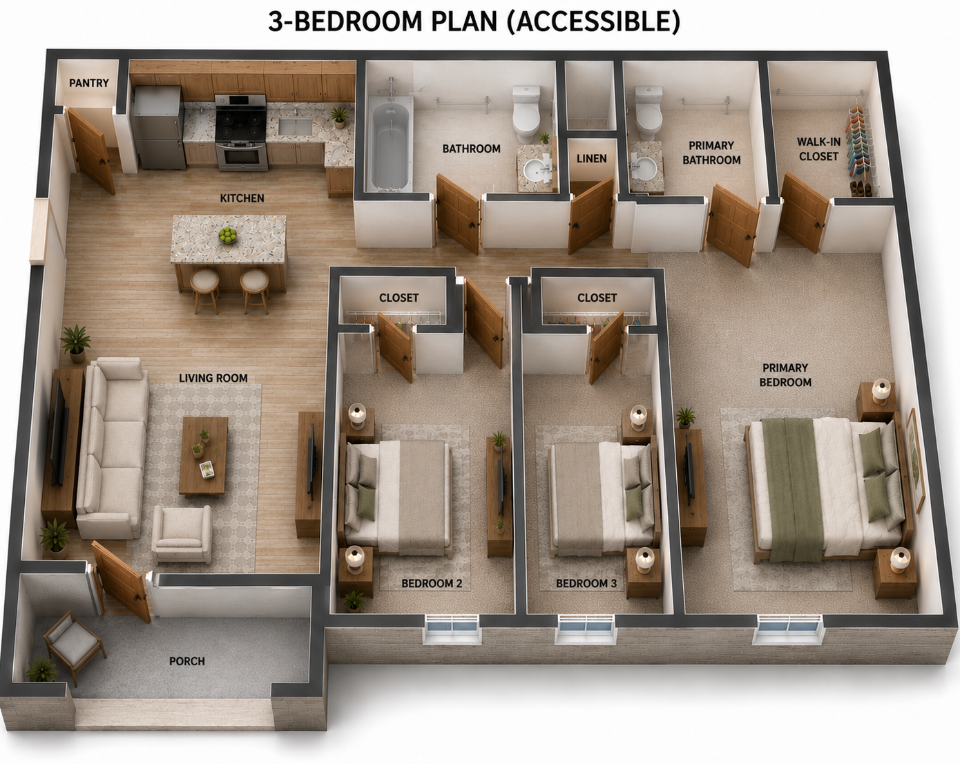 Accessible 3-bedroom apartment floor plan with kitchen, living room, bath, and bedrooms
