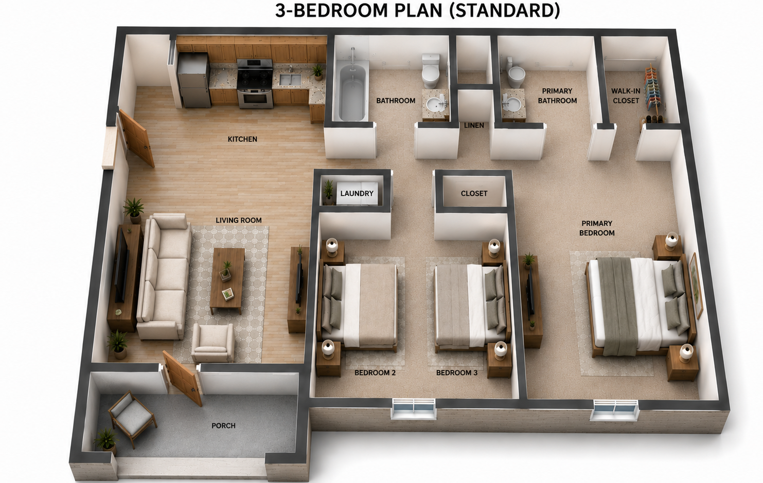 3-bedroom apartment floor plan with living room, kitchen, dining area, bath, and three bedrooms