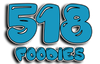 The logo for 518 foodies is blue and white