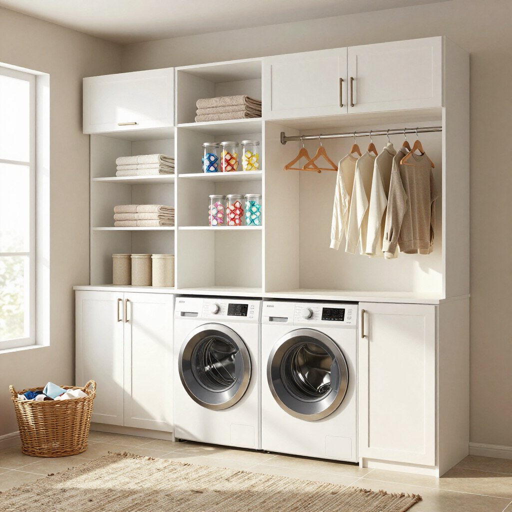 Grey walk-in closet with desk area. Includes hanging clothes, shelves, and a chair.