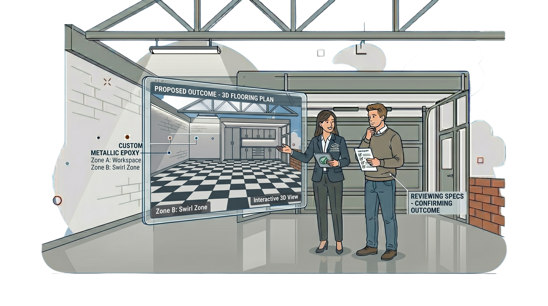 Two workers in a warehouse inspecting blueprints beside a conveyor and stacked boxes