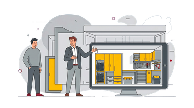 Two people stand beside a large display showing organized office shelves and storage in gray and yellow.