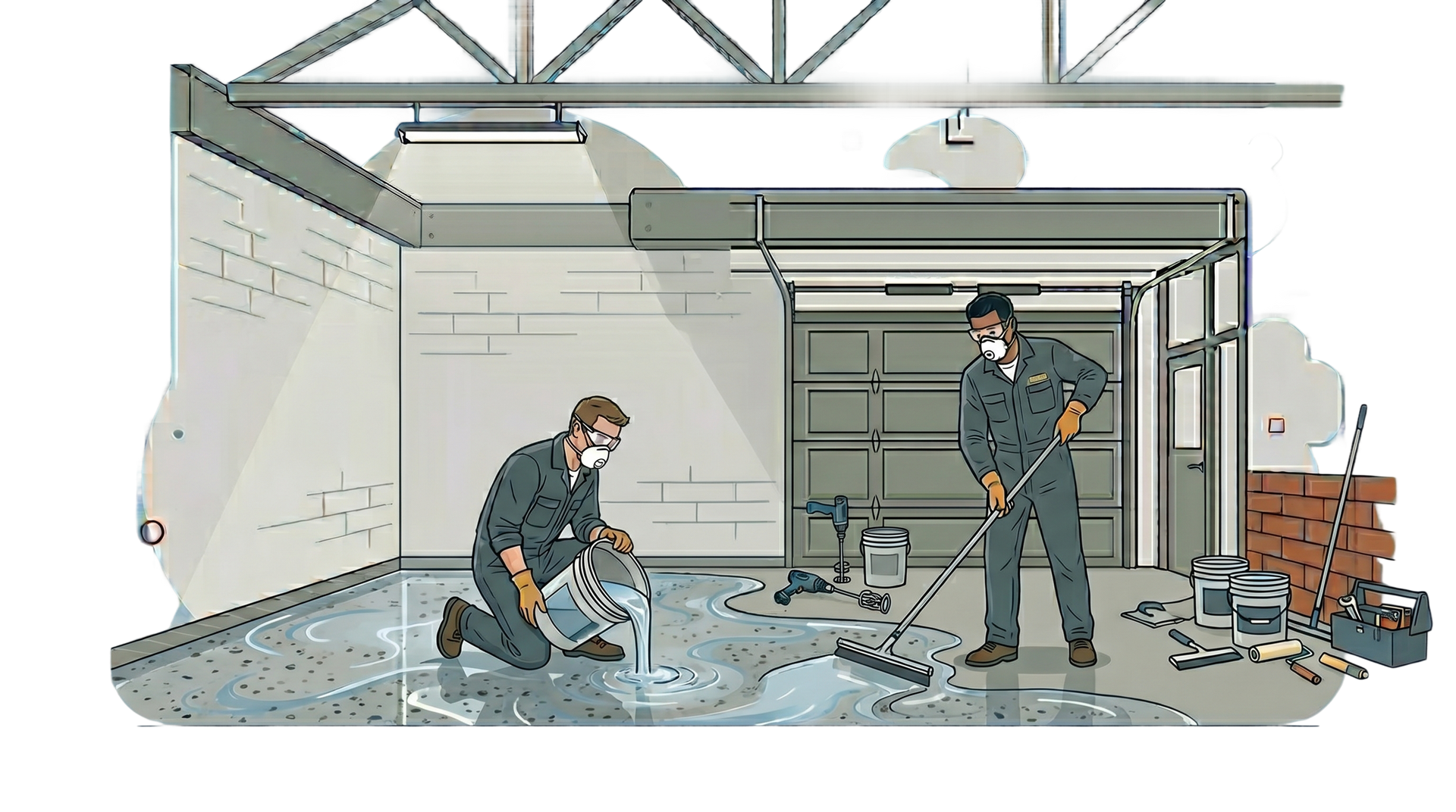 Two workers repairing a damaged garage floor, with tools, debris, and a partly open garage door.
