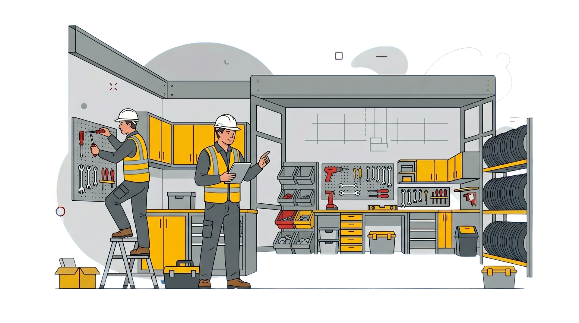 Two workers in safety gear in a workshop, standing by tools, cabinets, and shelves of supplies.