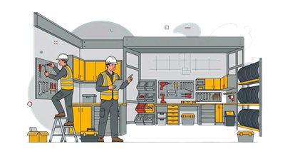 Workers in a garage workshop with tools, cabinets, shelves, and yellow equipment near an open truck area