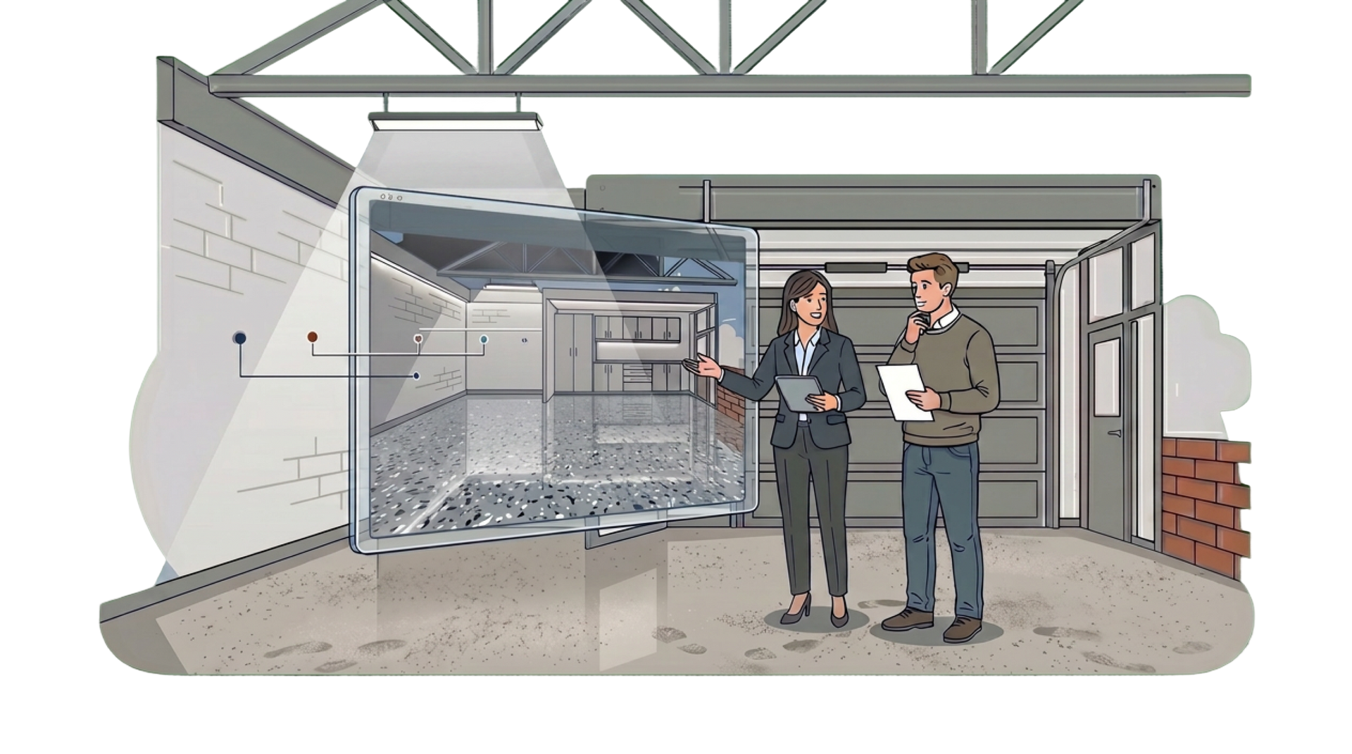 Two workers review a map in a warehouse with stacked boxes, a checkered floor, and overhead beams.