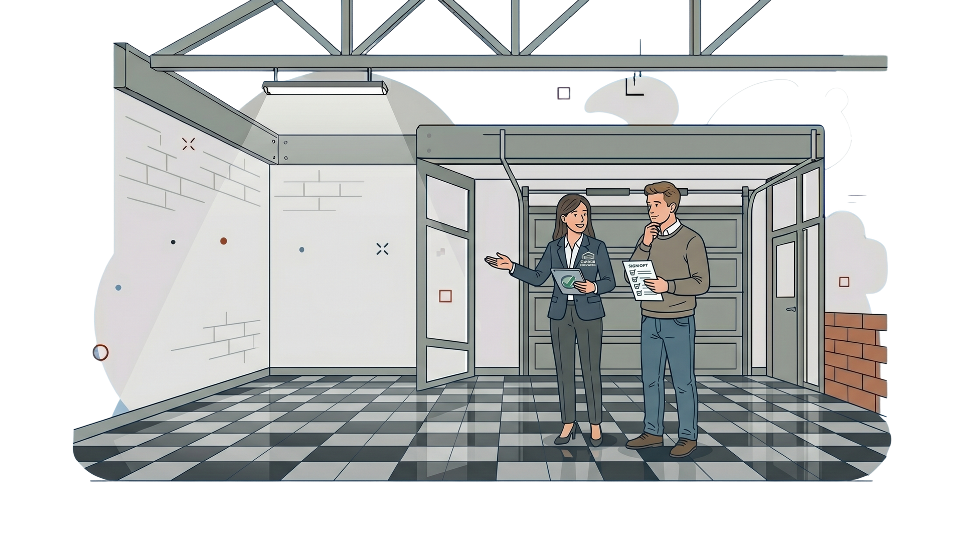 Two people standing in a garage under construction, with exposed beams and a checkered floor.