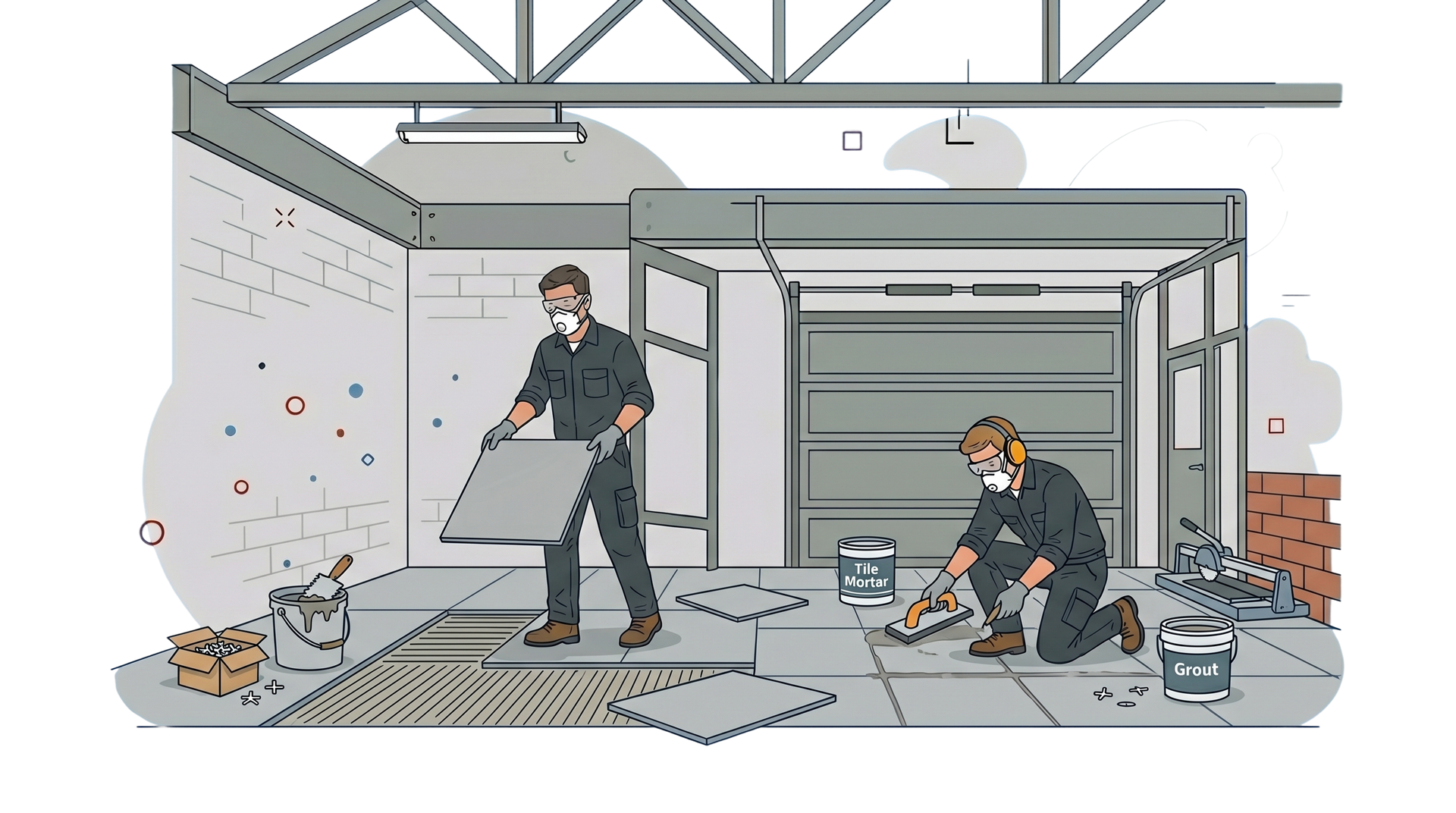 Two workers fixing a garage interior, with tools, a ladder, and a partially open garage door.