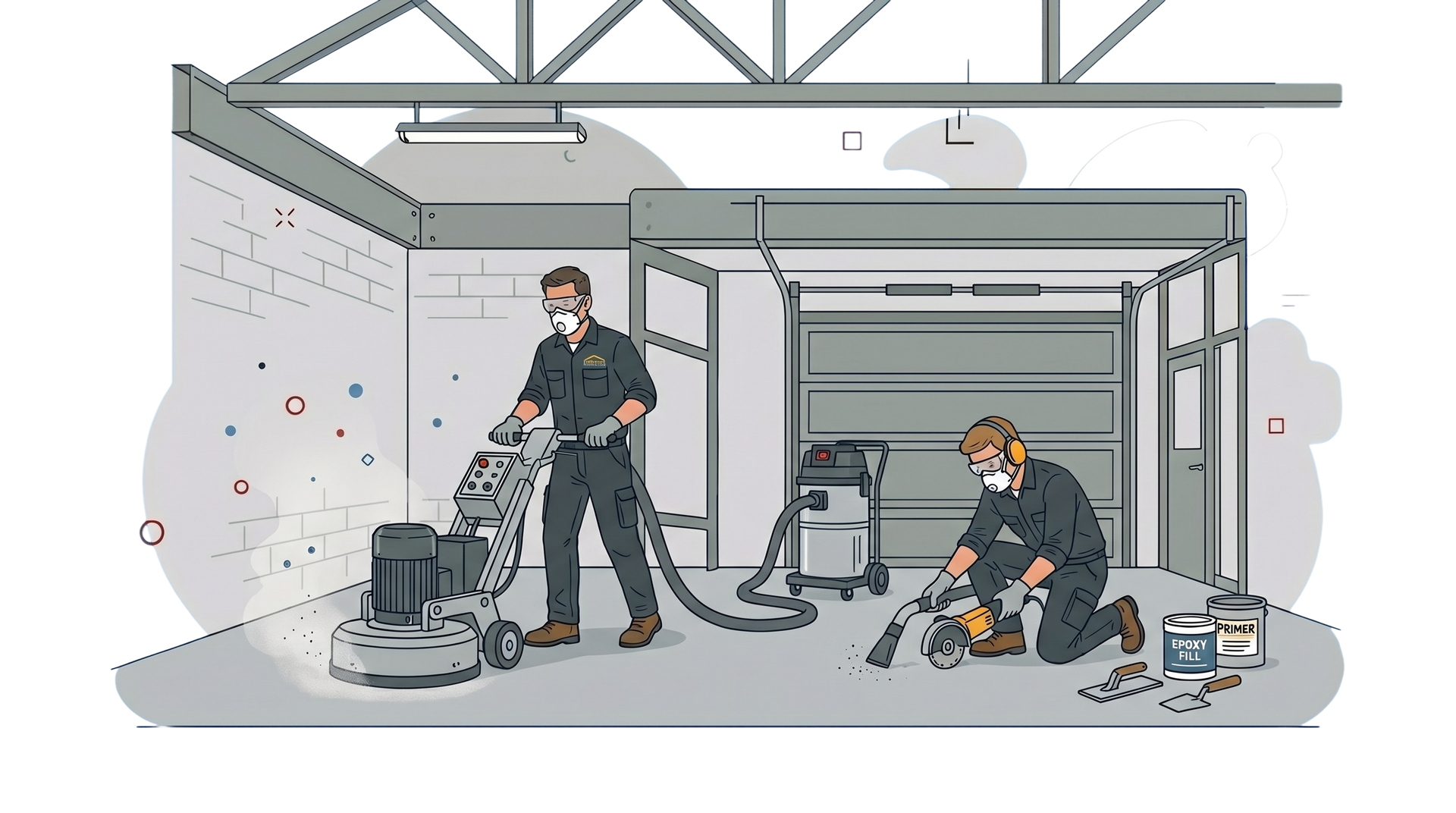 Workers use power tools during garage renovation, with dust and supplies scattered around.