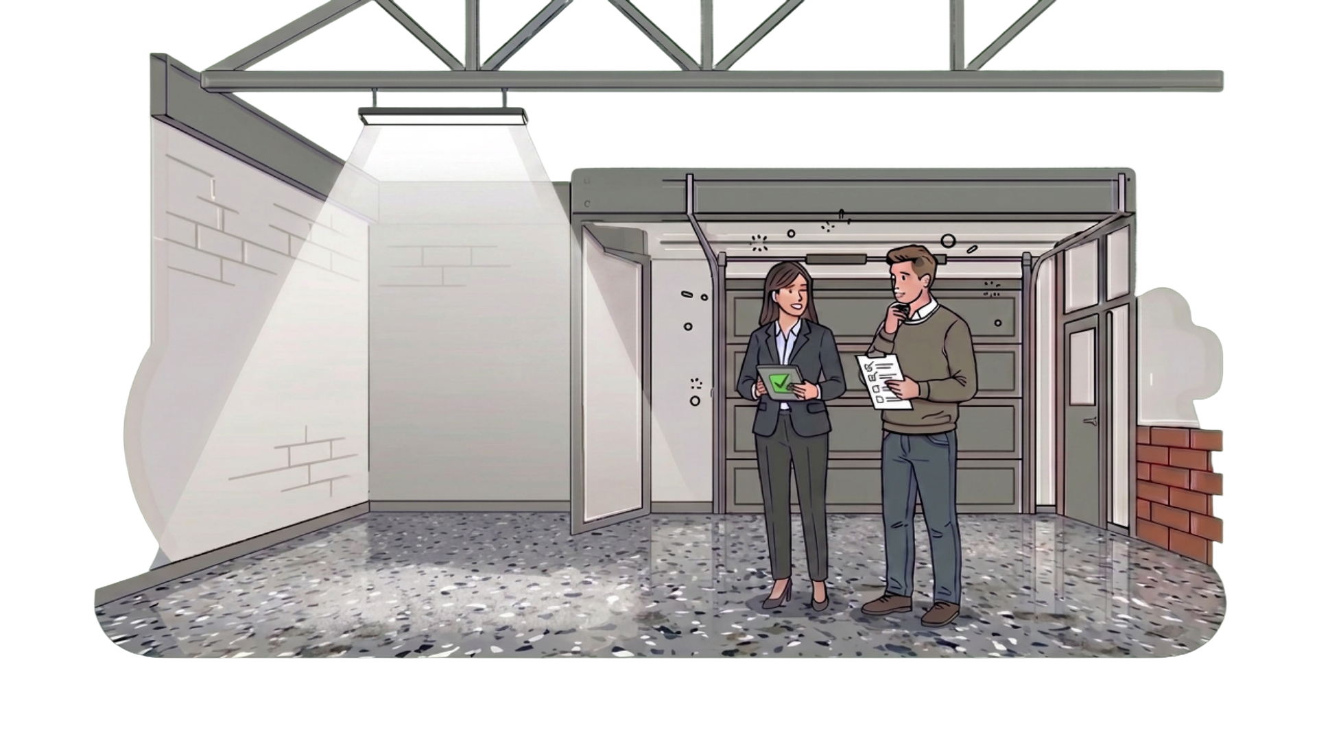 Two workers in a garage with a checkered floor, one pointing at a tool and the other holding a clipboard.