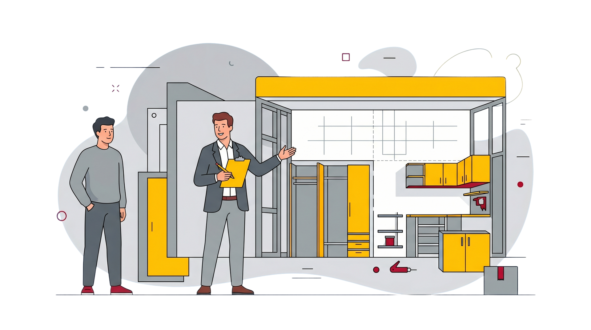 Two people in a modern kitchen showroom, one holding a plan, with gray and yellow cabinetry and appliances.