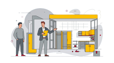 Two architects review a modern building plan in a yellow-gray construction office.