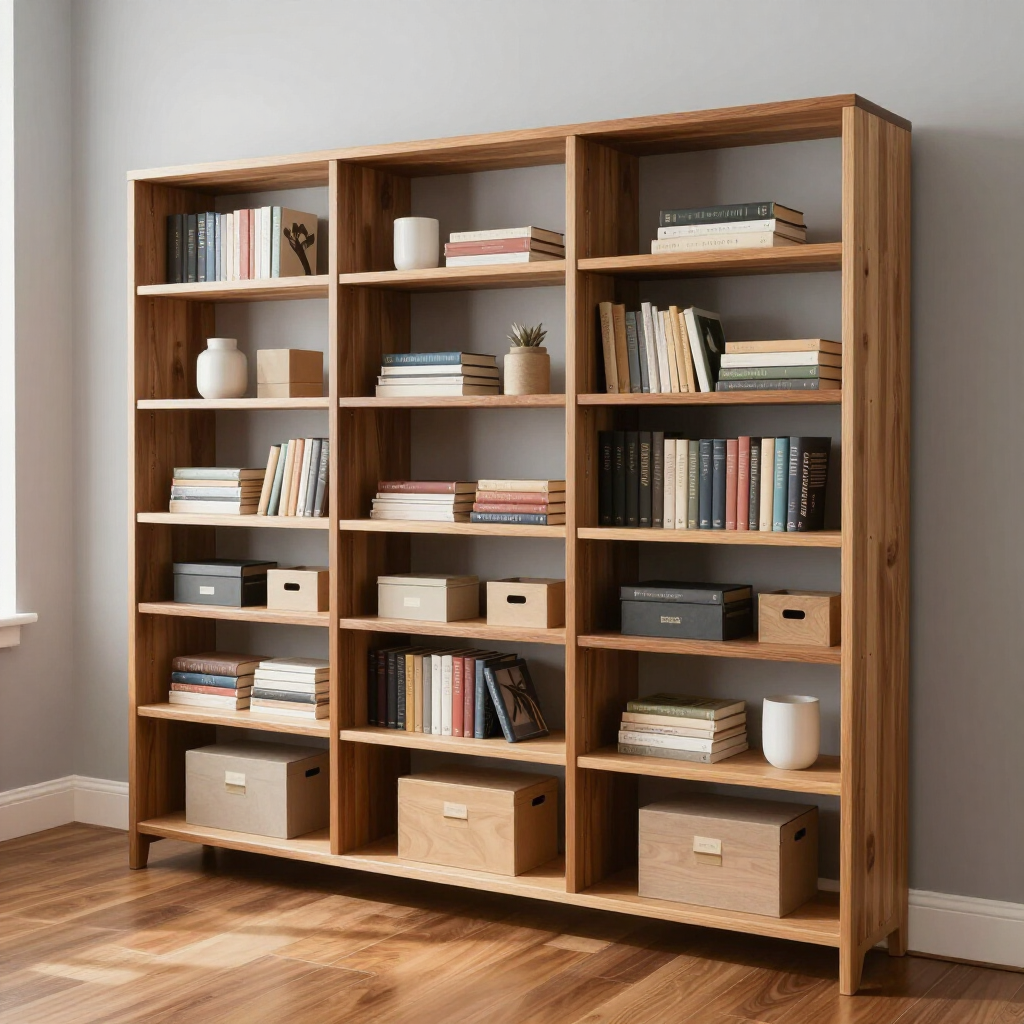 Wooden bookshelf filled with books, baskets, and decor in a bright room