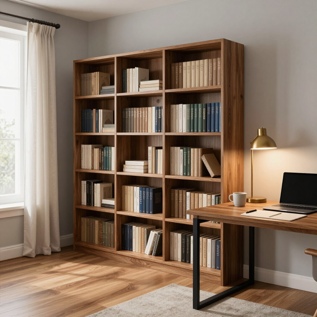 Grey walk-in closet with desk area. Includes hanging clothes, shelves, and a chair.