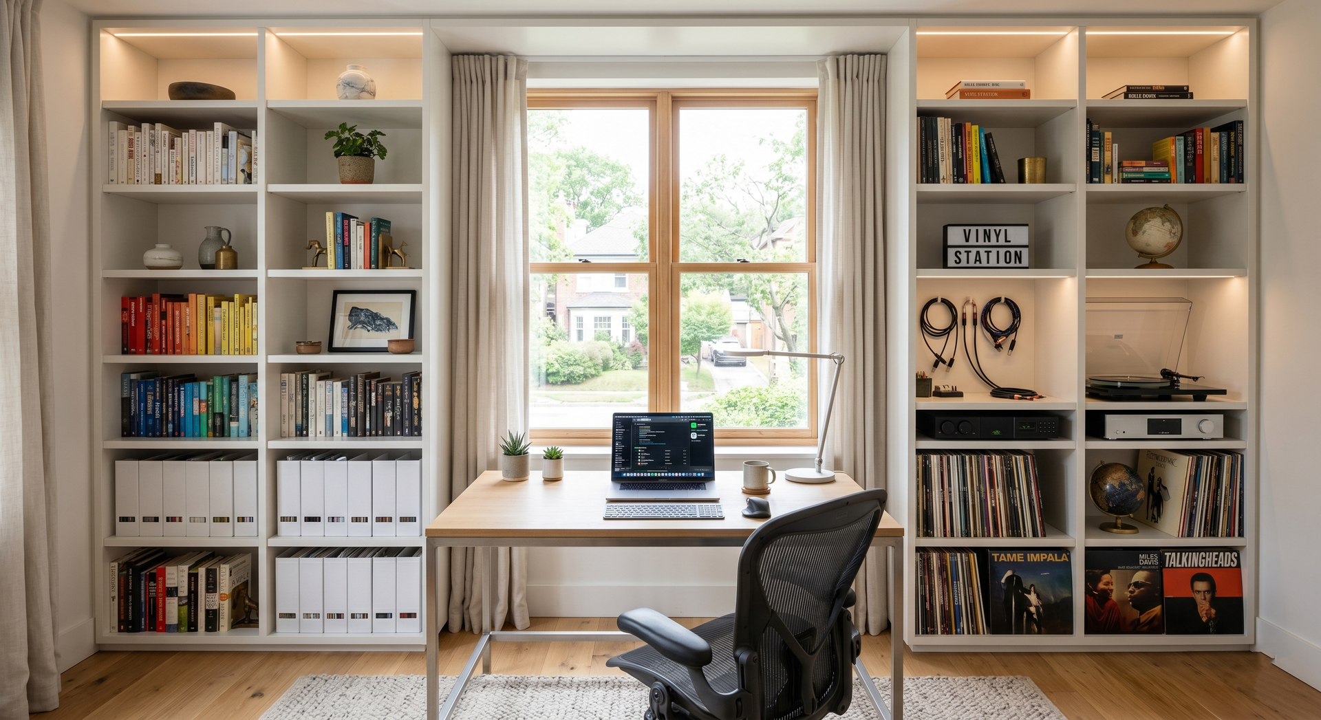 Home office with built-in bookshelves, a desk by a window, and an office chair.