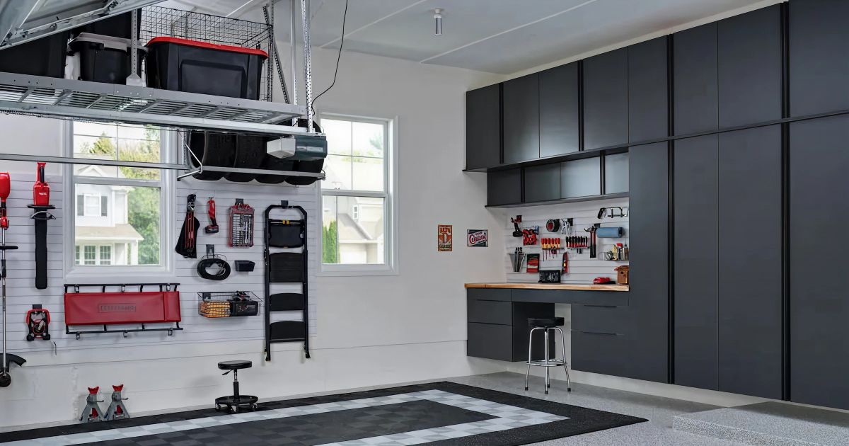 Modern garage interior with black cabinets, workbench, tools, and a car lift ceiling-mounted above.