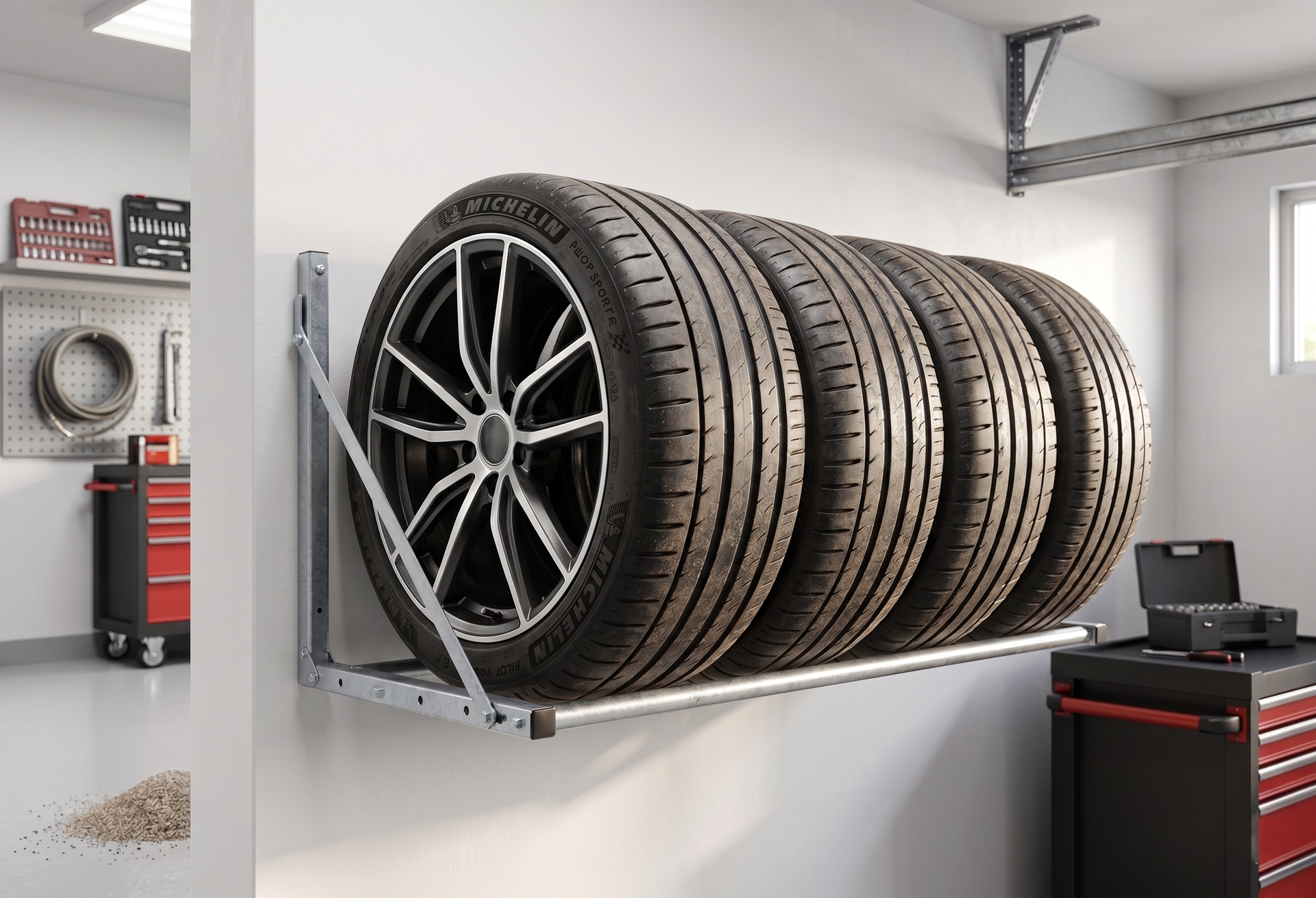 Stacked car tires on a wall-mounted shelf in a garage, with a black alloy wheel in front.