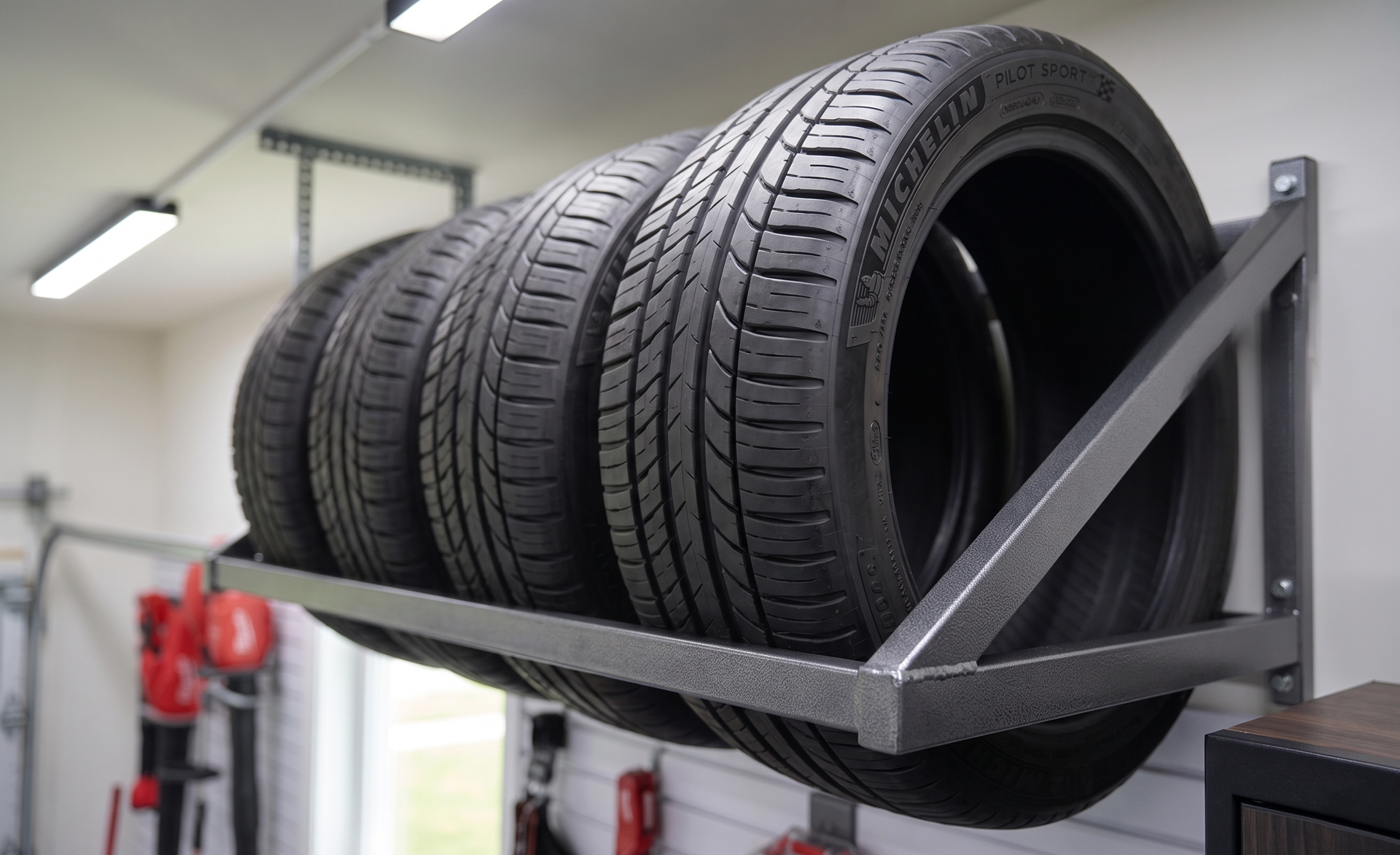 Two black car tires on a metal rack in a workshop