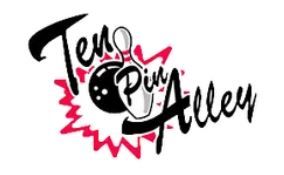Logo for Ten Pin Alley bowling, with black text and a bowling ball and pins. Red burst design.