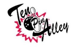 Logo for Ten Pin Alley bowling, with black text and a bowling ball and pins. Red burst design.
