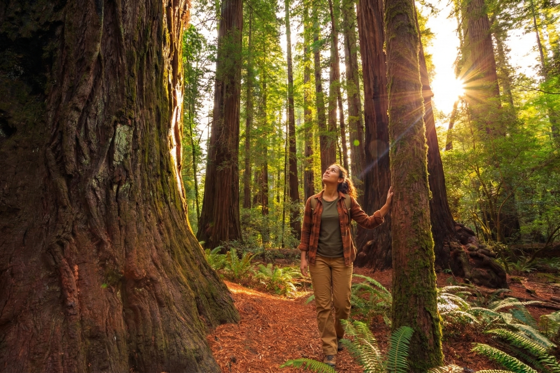 Person hiking in a sunlit forest among tall redwood trees