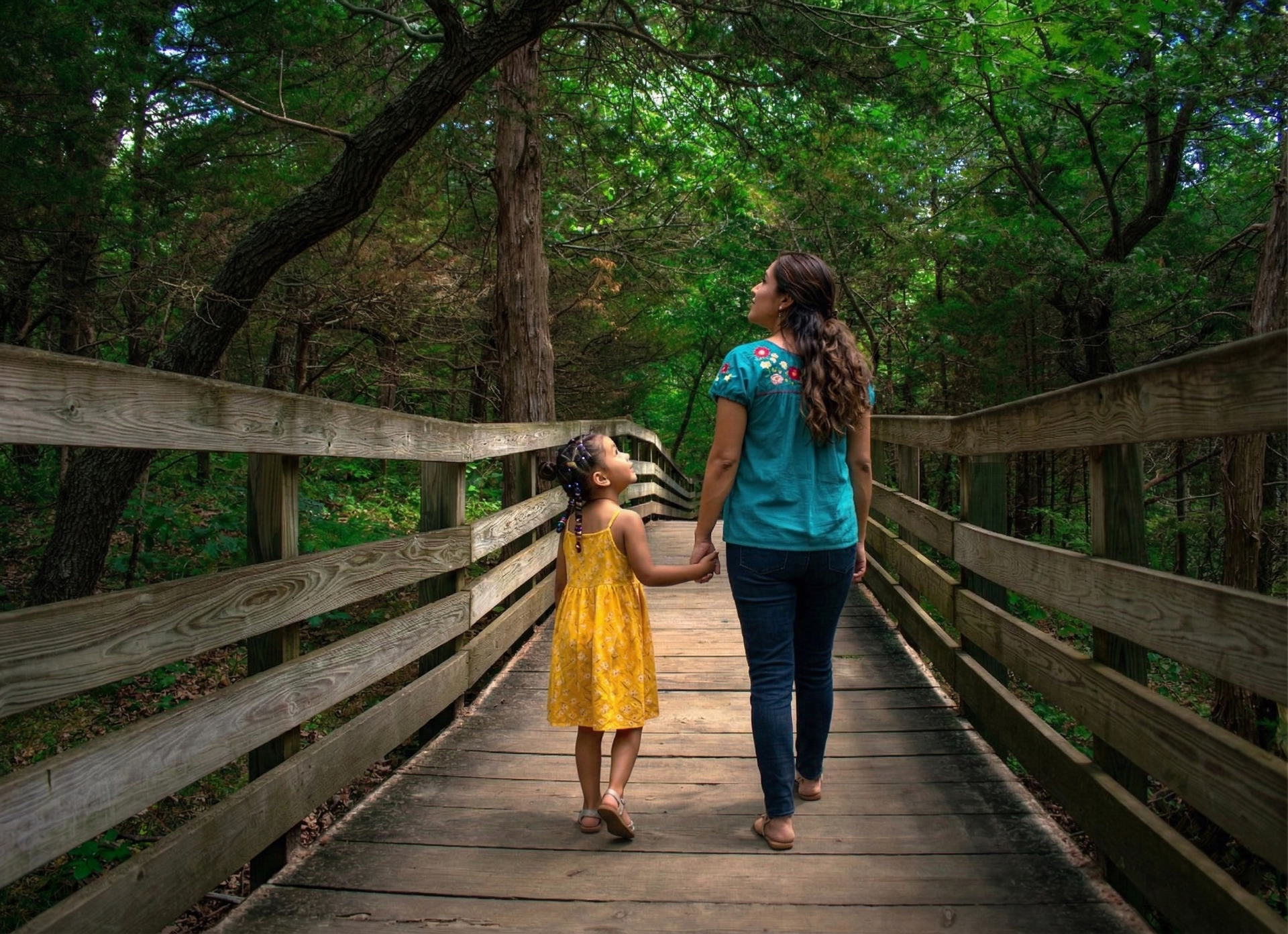 Two people holding hands, walking on a wooden bridge through a lush green forest.