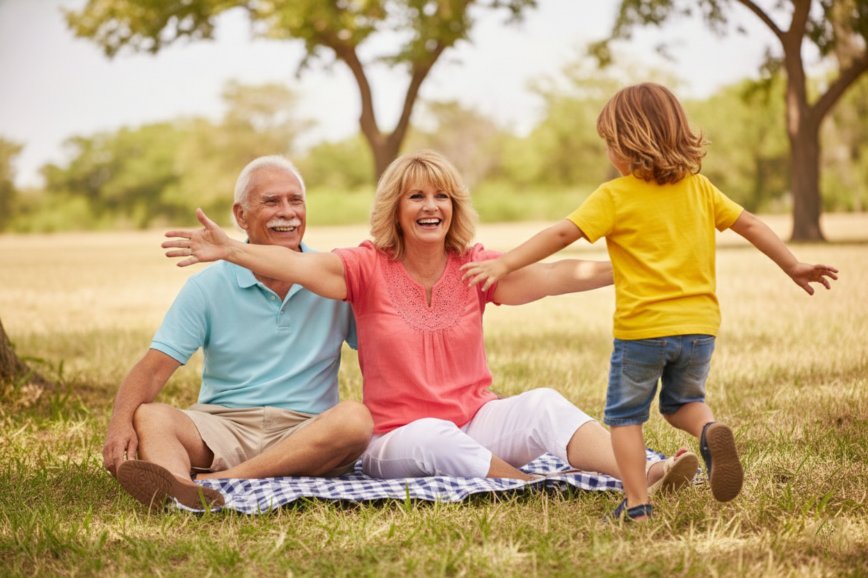 Family sitting on a blanket in a sunny park, smiling with arms outstretched toward a child running to them