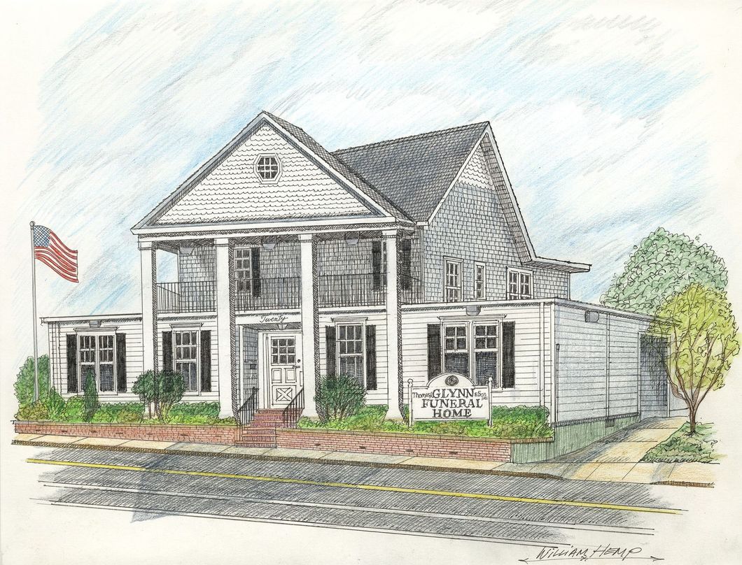 Sketch of a gray house with white columns, black shutters, and an American flag by the road.