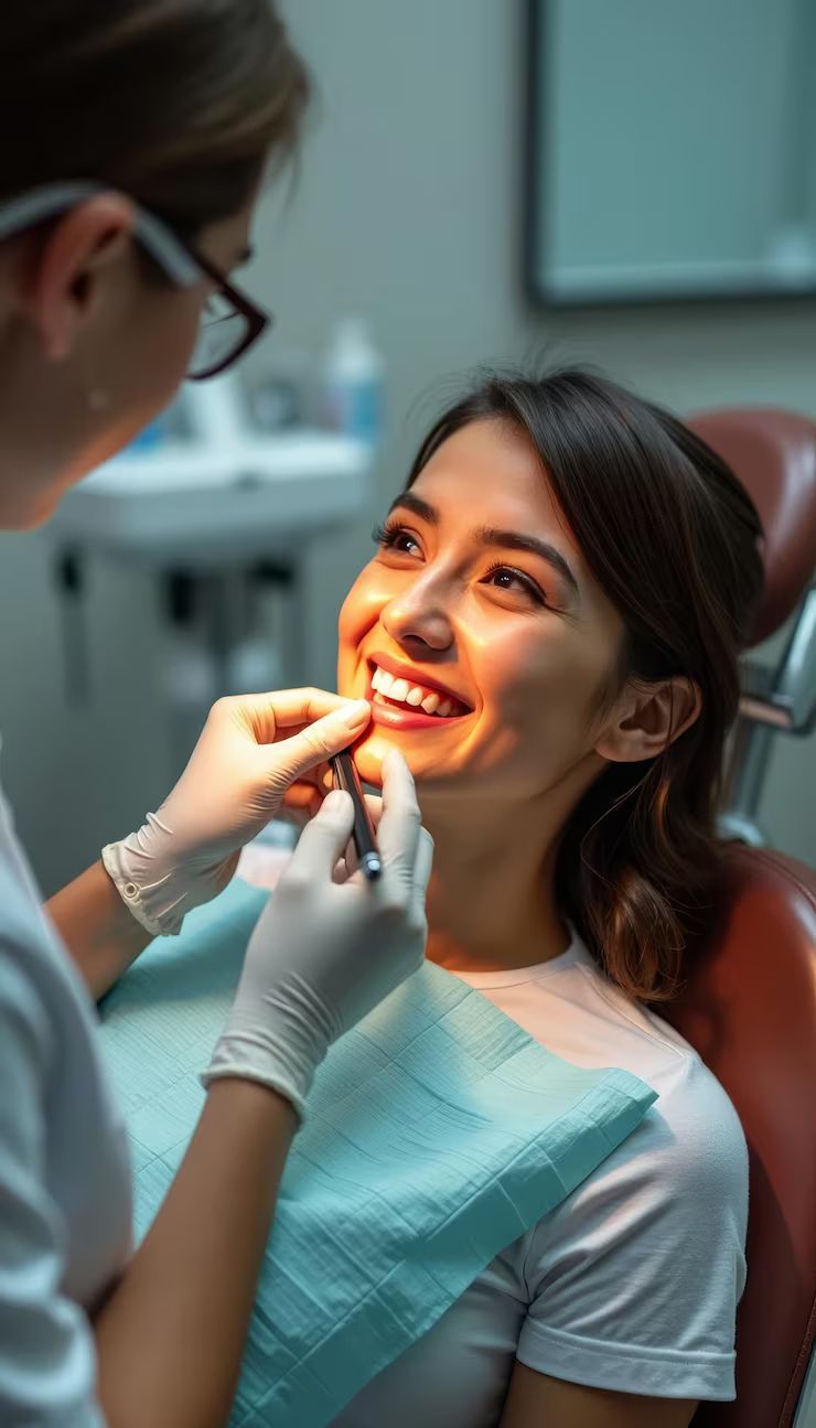 A dentist is showing a patient a picture of their teeth on a computer screen.