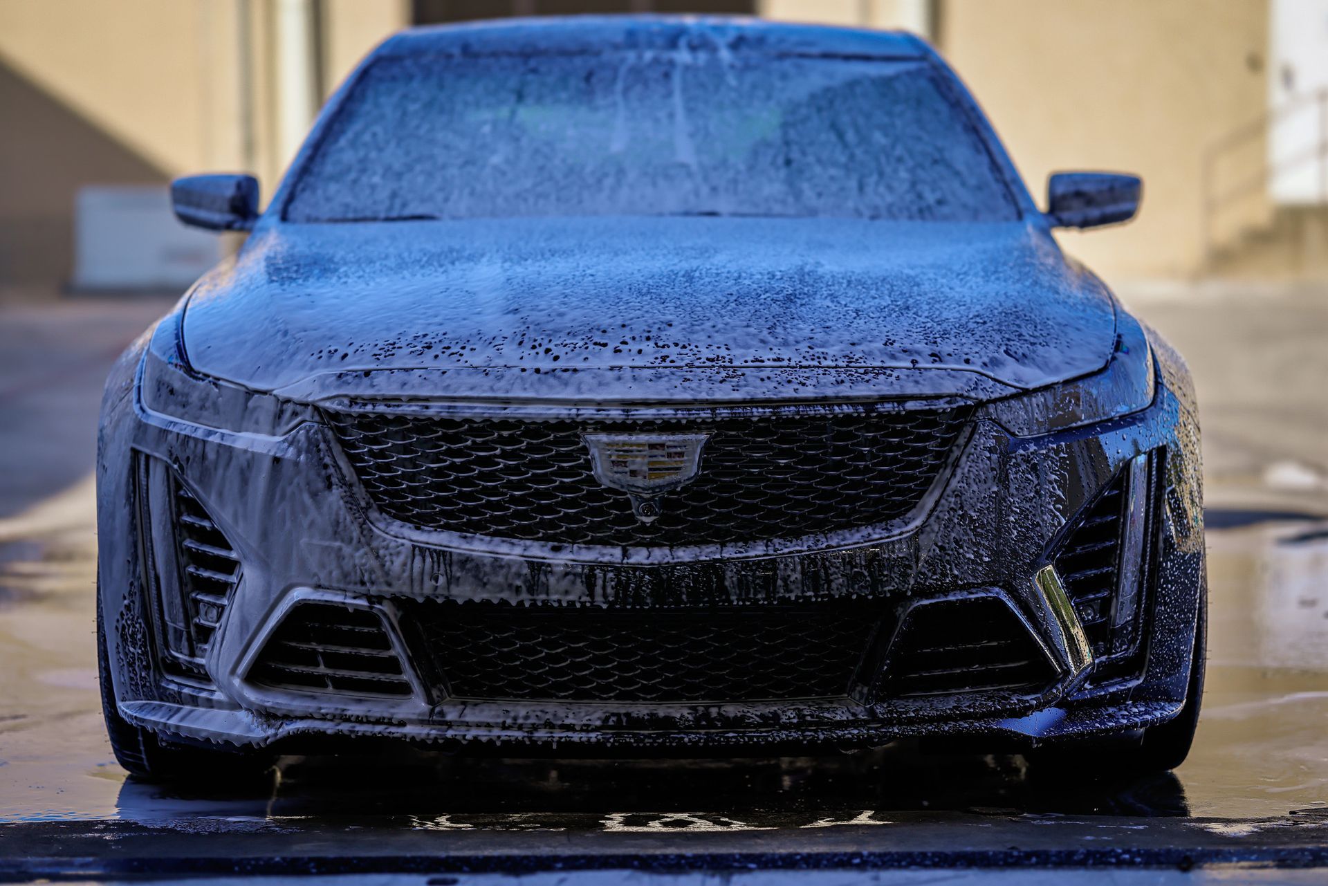 Black Cadillac being washed with foamy soap.