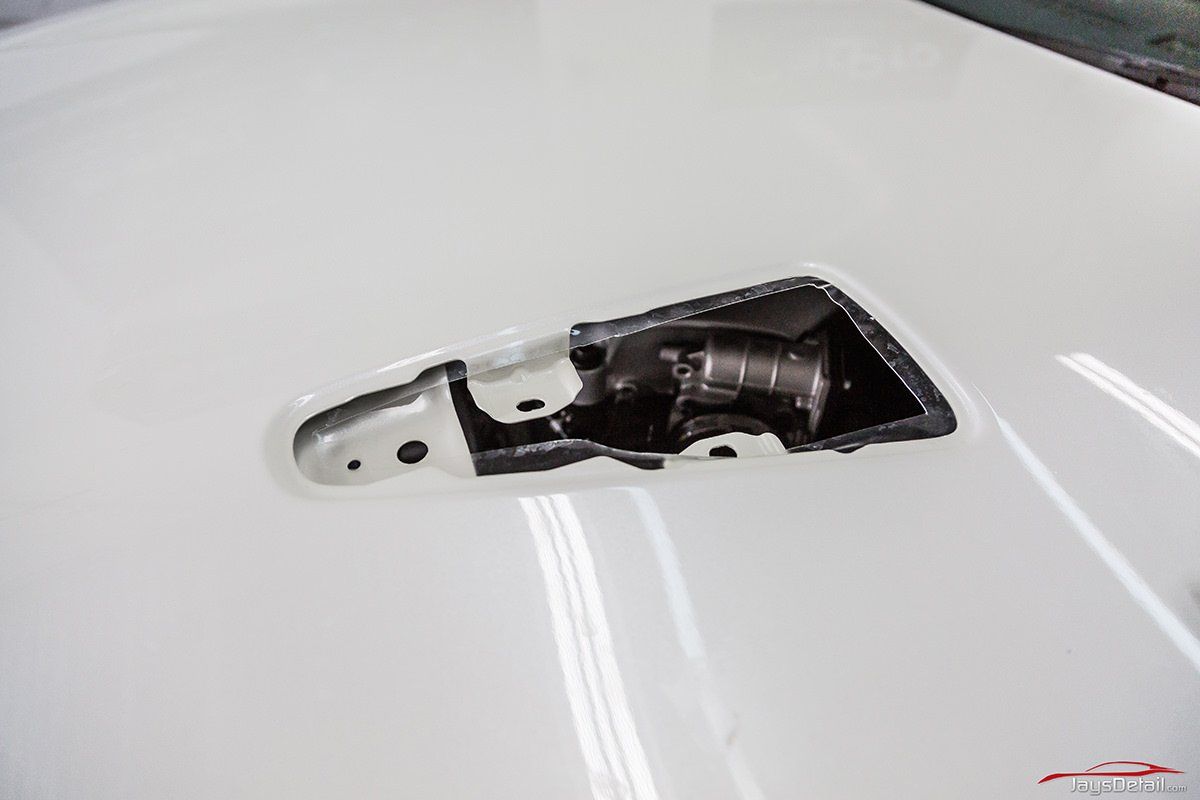 Open car hood cavity with exposed engine component, surrounded by white paint.