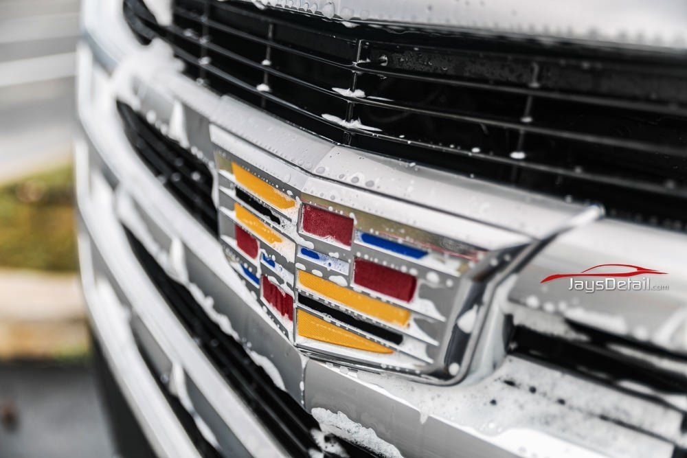 Cadillac emblem with colorful crest on a car's front grille.