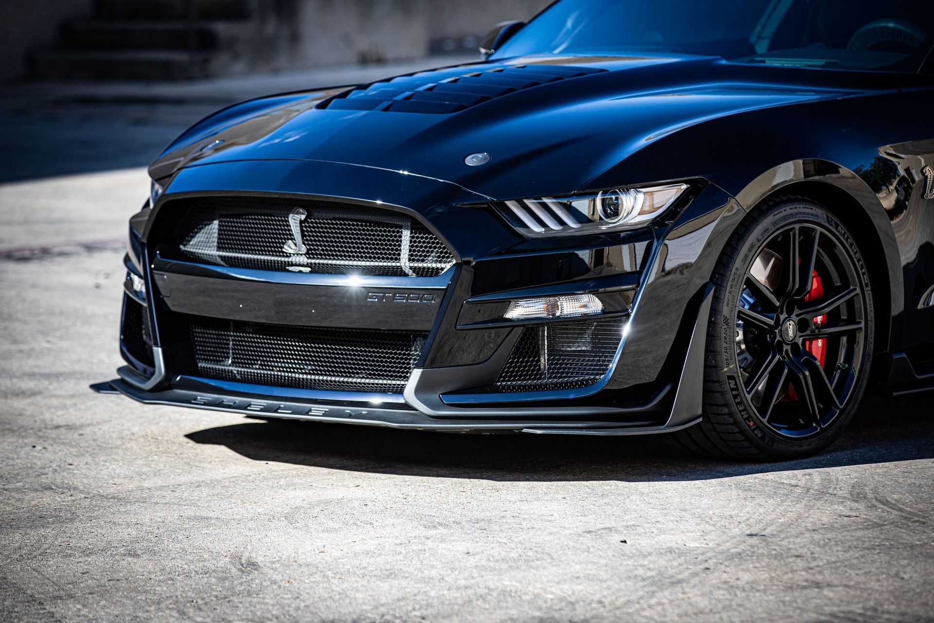 Black Shelby GT500 sports car, parked outdoors, with a low profile.