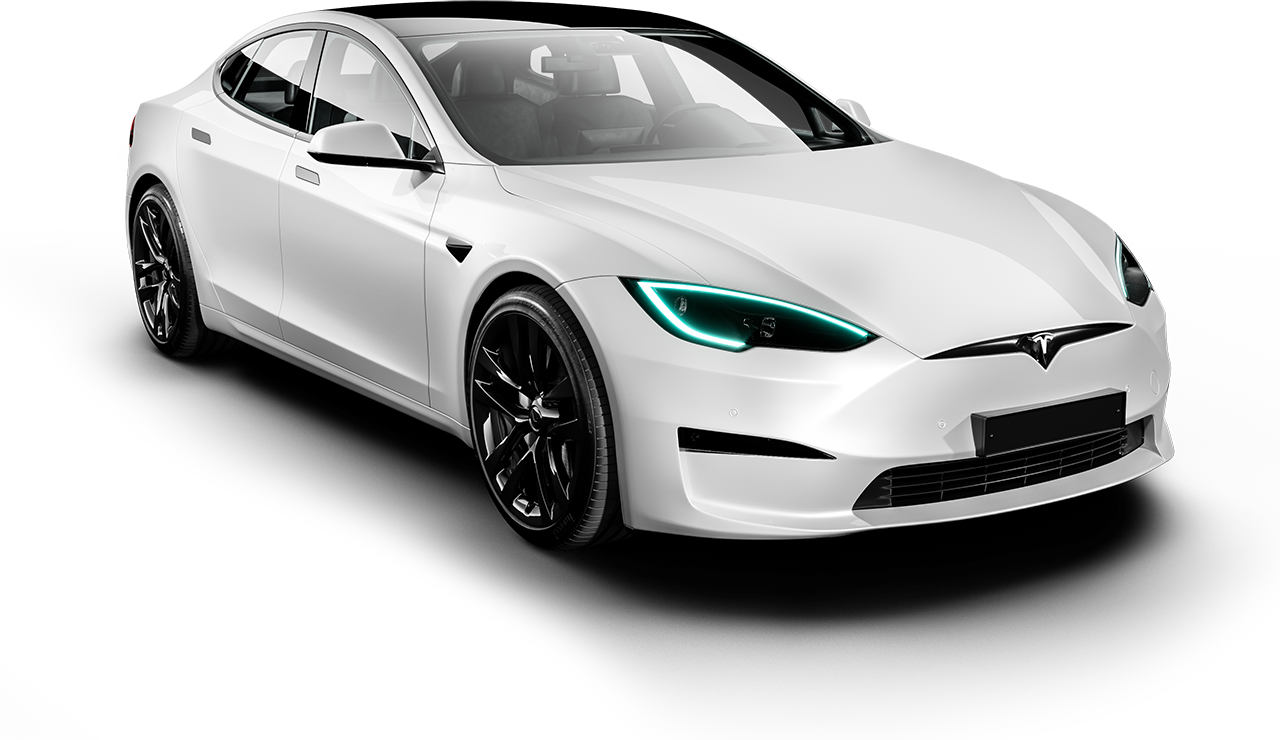 White Tesla Model S car with black wheels, parked on a white background.