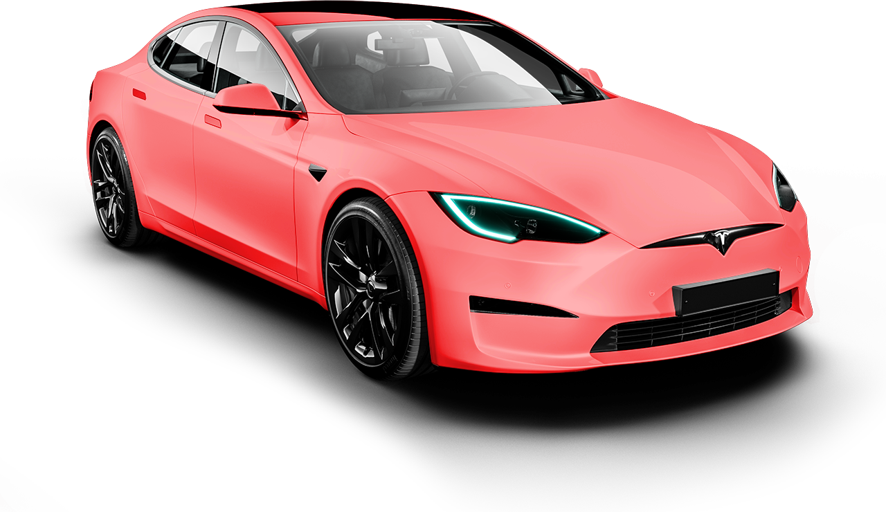 Coral Tesla Model S electric car with black accents, parked on a white surface.